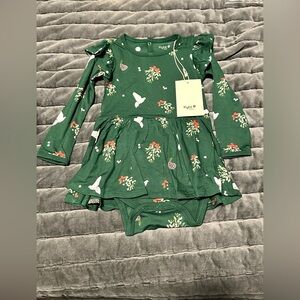 Kyte BABY Long Sleeve Twirl Bodysuit Dress Forest Green Floral in Mistletoe